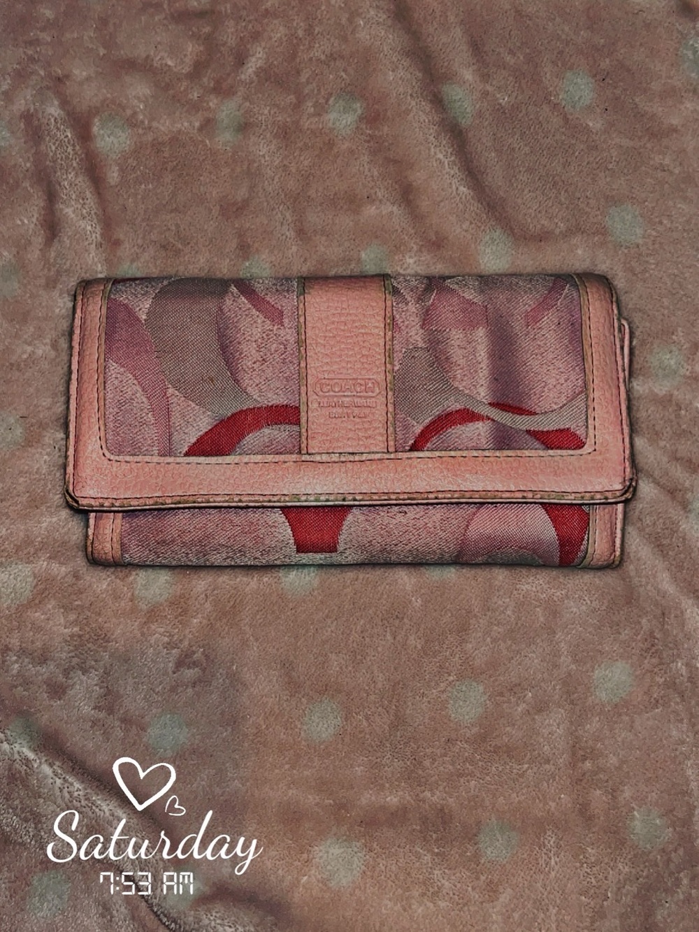 Coach Pink and Red Signature Tri-Fold Wallet